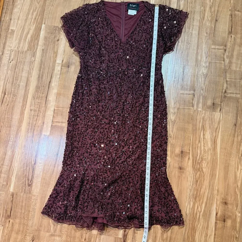 MacDuggal Sequined Vneck Gown Garnet Red Flutter Sleeve Trumpet Sleeve Dress 14